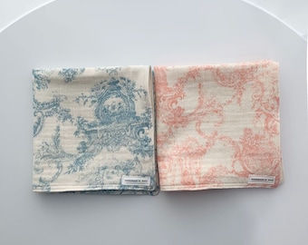 Handmade 100% Organic Cotton 4-Layer Muslin & Gauze Hanky – Toile de Jouy Design, Soft Gentle for Sensitive Skin, Custom Embroidery