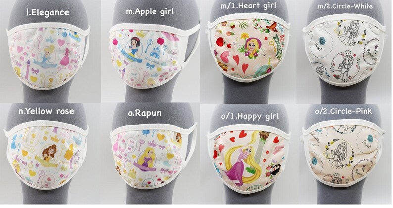 May include: Eight different face masks with white elastic straps and white trim. Each mask features a different Disney princess character with a colorful background. The masks are labeled with names like "Elegance", "Apple girl", "Heart girl", "Circle-White", "Yellow rose", "Rapun", "Happy girl", and "Circle-Pink".