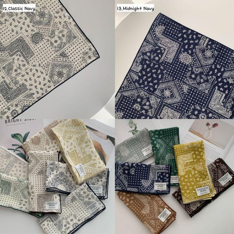 May include: A collection of square handkerchiefs featuring a detailed paisley and geometric patchwork pattern. The set includes various colorways such as classic navy, midnight navy, mustard yellow, forest green, brown, and light gray.