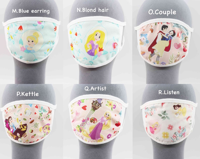 May include: Six different face masks with various Disney princess designs. The masks are white with a white elastic band. The designs include Cinderella, Rapunzel, Snow White, and Belle.