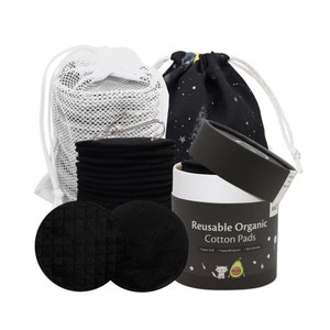 30 Double-sided Black Reusable Cotton Rounds Set, Organic Black Bamboo Cotton Pads for Removing Makeup, Pouch, Mesh Laundry Bag, Drying Clip