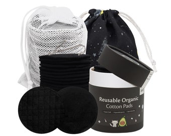 30 Double-sided Black Reusable Cotton Rounds Set, Organic Black Bamboo Cotton Pads for Removing Makeup, Pouch, Mesh Laundry Bag, Drying Clip