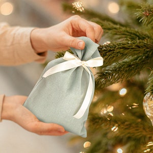 Handgjord linnepåse i bomull + band, presentpåse, presentpåse, julklappspåse, julklappspåse, miljövänlig, noll avfall, tygpåsar