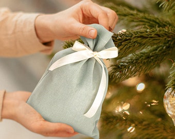 Handgefertigte Leinenbaumwolltasche + Band, Geschenkbeutel, Geschenktasche, Weihnachtsgeschenktasche, Weihnachtsgeschenkbeutel, umweltfreundlich, Zero Waste, Stofftaschen