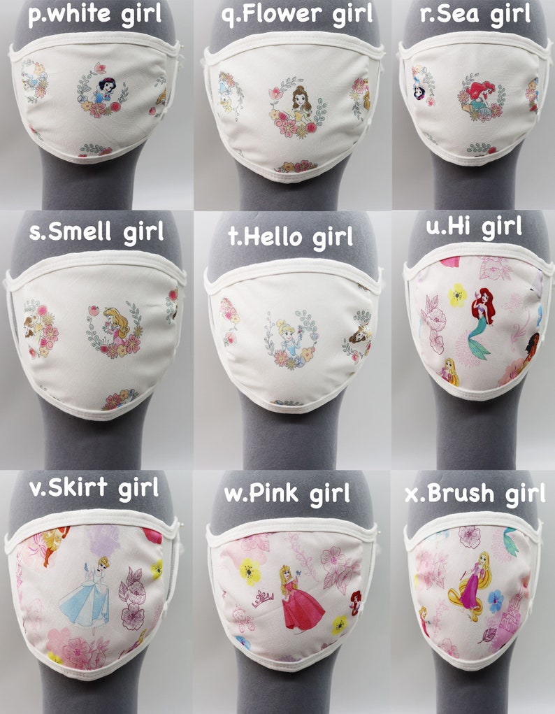 May include: Nine white face masks with different Disney princess designs. Each mask has a white elastic band and a white border. The masks feature princesses like Snow White, Belle, Ariel, Cinderella, and Aurora.