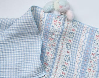 Reversible Bunny & Gingham Gauze Blanket, 4 Layer Cotton Muslin Throw, Soft Lightweight Rabbit Blanket, Cottagecore Gift