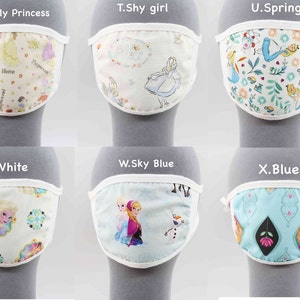 May include: Set of 10 white fabric face masks with various colorful cartoon character designs. The designs include princesses, Alice in Wonderland, and Frozen characters.