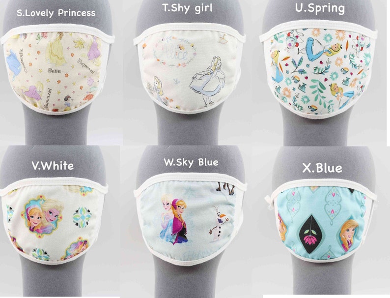 May include: Set of 10 white fabric face masks with various colorful cartoon character designs. The designs include princesses, Alice in Wonderland, and Frozen characters.