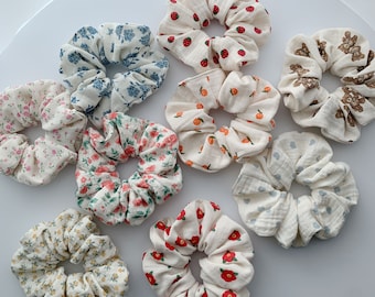 Handmade Scrunchie Mystery Set of 5 – Random Designs, 100% Cotton Muslin Hair Ties, Gift for Her