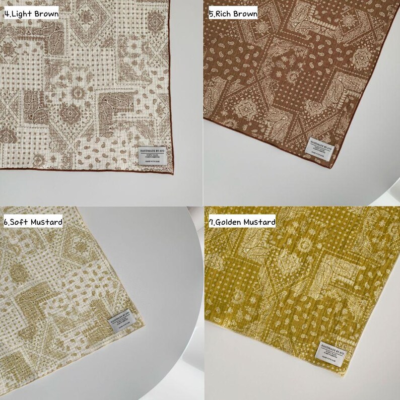 May include: Four square fabric cloths featuring a patchwork paisley pattern in light brown, rich brown, soft mustard, and golden mustard. Each cloth includes a small white rectangular label with the text HANDMADE BY AVD.