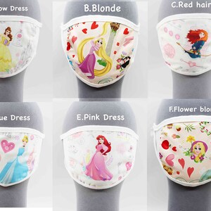 May include: Six different face masks with white borders and various Disney princess designs. The masks feature princesses like Belle, Rapunzel, Merida, Cinderella, Ariel, and Rapunzel with flowers.