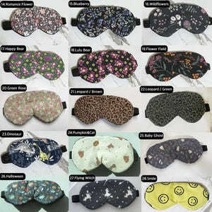 Op de afbeelding: Een verzameling van 15 oogmaskers met verschillende patronen en ontwerpen. De oogmaskers zijn gemaakt van zacht materiaal en hebben een elastisch bandje om comfortabel om het hoofd te passen. Sommige van de patronen omvatten bloemen, dieren en geometrische vormen.