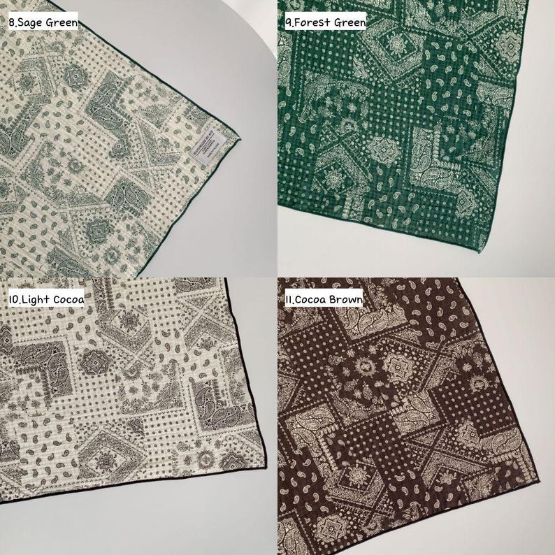 May include: Four square fabric handkerchiefs featuring a repeating paisley and geometric bandana pattern. The colors include sage green, forest green, light cocoa, and cocoa brown. Each piece has a finished edge and a small white brand label.