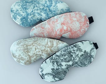 100% biologisch bamboekatoen toile de jouy slaapmasker, oogmasker, geurloos, zelfzorg, ontspanning, meditatie, yoga, spa, reizen, cadeau
