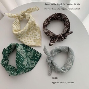 May include: Four square bandanas featuring paisley patterns in cream, dark brown, forest green, and light gray. Each piece is tied into a loop. Text reads: Generously Sized for Versatile Use, Perfect beyond a regular handkerchief, <Size>, Approx. 17.7x17.7inches.