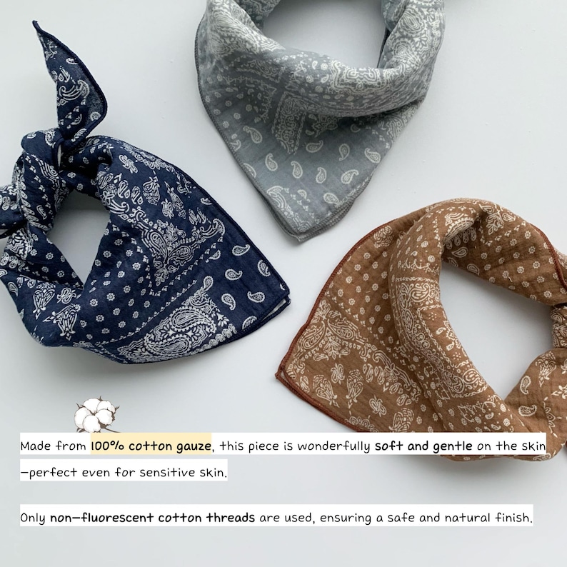 Pañuelo tipo bandana de gasa de algodón con estampado paisley, pañuelo 100% algodón, pañuelo cuadrado para la cabeza, pañuelo de bolsillo, regalo suave y ligero para pieles sensibles. imagen 4
