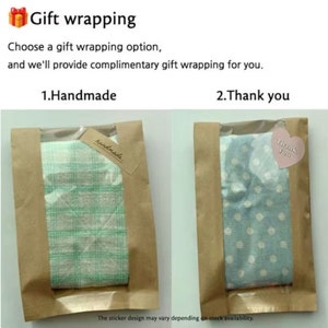 May include: Two brown paper bags with clear windows containing fabric items. The left bag has a green plaid fabric and a rectangular tag labeled 'Handmade'. The right bag has a blue polka dot fabric and a heart-shaped sticker labeled 'Thank you'.