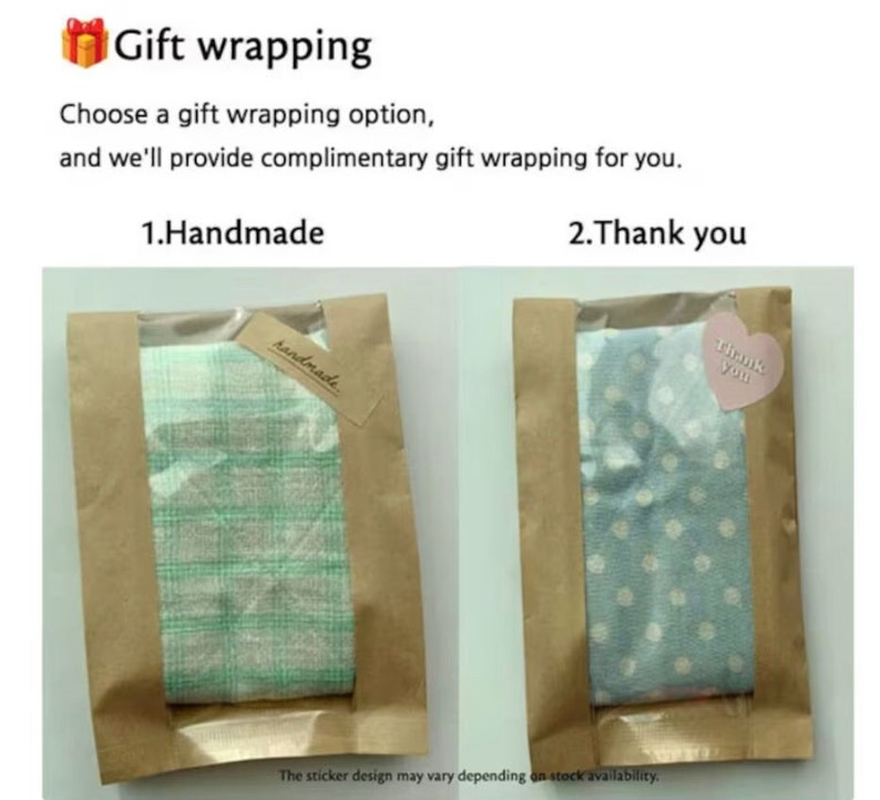May include: Two brown paper bags with clear windows containing fabric items. The left bag has a green plaid fabric and a rectangular tag labeled 'Handmade'. The right bag has a blue polka dot fabric and a heart-shaped sticker labeled 'Thank you'.
