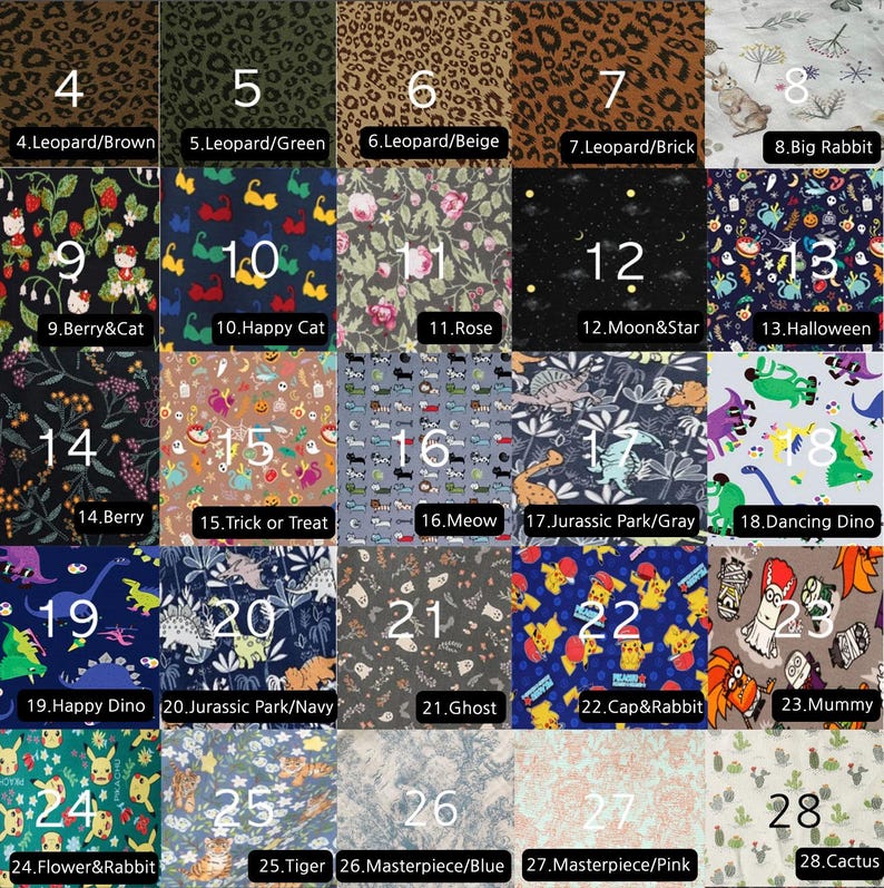 Puede incluir: Una cuadr&iacute;cula de muestras de tela con varios patrones y colores. Los dise&ntilde;os incluyen estampado de leopardo, floral, gato, dinosaurio y temas de Halloween. Cada muestra est&aacute; etiquetada con un n&uacute;mero y un nombre descriptivo.