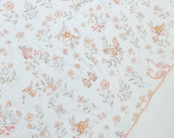 Bunny Double Gauze Blanket, Lightweight Cotton Baby Blanket, Breathable Summer Throw, Woodland Floral Nursery Blanket, Pet Blanket