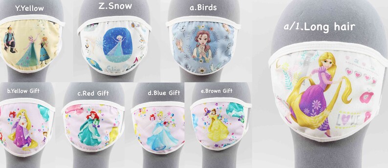 May include: Ten different face masks with various Disney princess characters. The masks are white with a white elastic band. The characters include Elsa, Belle, Rapunzel, Cinderella, and Ariel.