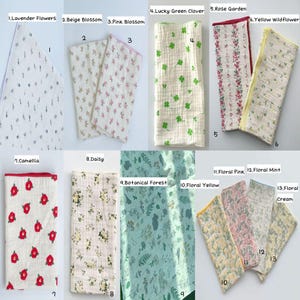 May include: A collection of thirteen rectangular muslin cloths featuring various patterns including Lavender Flowers, Beige Blossom, Pink Blossom, Lucky Green Clover, Rose Garden, Yellow Wildflower, Camellia, Daisy, Botanical Forest, Floral Yellow, Pink, Mint, and Cream.