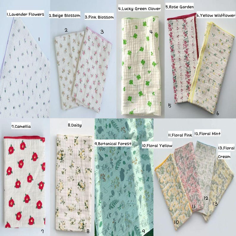 May include: A collection of thirteen rectangular muslin cloths featuring various patterns including Lavender Flowers, Beige Blossom, Pink Blossom, Lucky Green Clover, Rose Garden, Yellow Wildflower, Camellia, Daisy, Botanical Forest, Floral Yellow, Pink, Mint, and Cream.