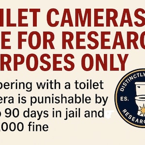 May include: A sign with the text "TOILET CAMERAS ARE FOR RESEARCH PURPOSES ONLY" in maroon. It also states that tampering with a toilet camera is punishable by up to 90 days in jail and a $5,000 fine. A circular logo is on the right.