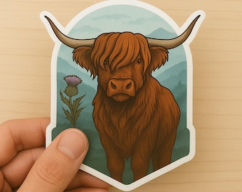 Highland Cow Vinyl Sticker – Scottish Landscape Art Decal