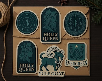 Yule Folklore Sticker Set | Oak King, Holly Queen, Yule Goat, Wreath, Evergreen Crest