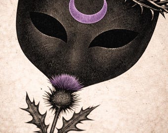 May include: A detailed illustration features a black mask with eye shapes, a purple crescent moon, and a crown of thorns. A purple thistle flower is at the bottom. The artwork is on a textured, off-white background.