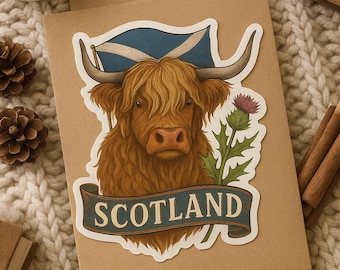 Highland Cow Scotland Sticker – Saltire or Lion Rampant Flag, Scottish Thistle Decal, Highland Coo
