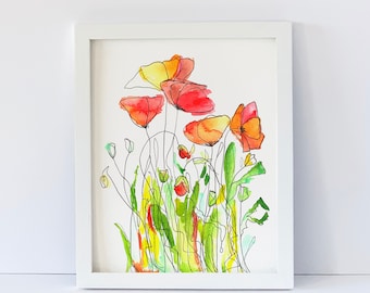 Tulips Art Print, Pen and Ink, Watercolor, Flowers, Giclee Art Print, Unframed, 8 x 10