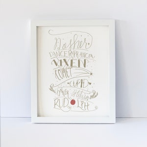 Reindeer Art Print, Hand Lettered Calligraphy, Christmas, Holiday, Dasher, Dancer, Comet and CupidGiclee Art Print, Unframed, 8 x 10