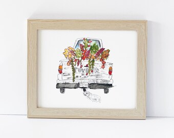 Old Truck with Flowers Art Print, Pen and Ink, Watercolor, Flowers, Giclee Art Print, Unframed, 8 x 10