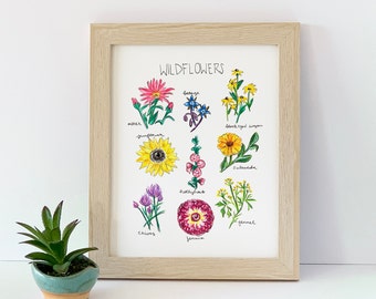 Wild Flowers Art Print, Hand Lettered Calligraphy, Watercolor, Giclee Art Print, Unframed, 8 x 10