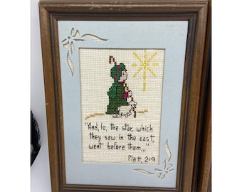 Belén navideño antiguo enmarcado con punto de cruz, Mateo 2:9, 210 unidades, juego de 2, madera.