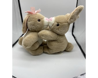 PJ Toys Kissing Bunnies Plush Pink Bow Vintage Very Cute