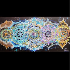 Peut inclure: Une peinture de mandala colorée avec cinq formes géométriques au centre. Le mandala est peint dans des tons de bleu, vert, violet et jaune. Les formes géométriques sont entourées de motifs et de dessins complexes.