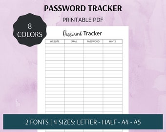 Printable Password Tracker, Account Organizer (Letter, A4, A5) (PDF)