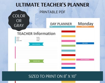May include: Printable teacher planner in color or gray. The planner includes a daily to-do list, daily goals, notes and reminders, and space for teacher information. The planner is sized to print on 8" x 10" paper.