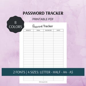 Password Tracker, Password Organizer, Account Tracker, Letter, Half Size, A4, A5