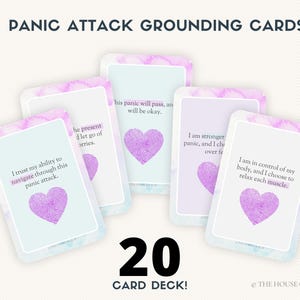 以下が含まれることがあります： 水彩画の背景と紫色の指紋のハートのデザインが施された、グラウンディングカード20枚セット。カードには、不安やパニック発作の管理に役立つ肯定的なアファメーションが書かれています。カードのテキストは次のとおりです。「私はこのパニック発作を乗り切る能力を信じている」「今に集中し、心配事を手放す」「このパニックは過ぎ去り、私は大丈夫」「私はパニックよりも強く、前に進むことを選ぶ」「私は自分の体をコントロールし、すべての筋肉をリラックスすることを選ぶ」