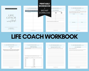 Puede incluir: Un libro de trabajo de entrenador de vida imprimible con un esquema de color azul y blanco. El libro de trabajo incluye secciones para análisis FODA, ambición, carrera y preguntas de nivel superior. El título "Life Coach Workbook" está en negrita negra.