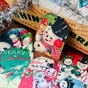 Etiquetas de regalo de Navidad vintage Decoración navideña retro Muñeco de nieve Kitsch Etiquetas navideñas navideñas Kitschmas de Navidad Efímera vintage hecha a mano