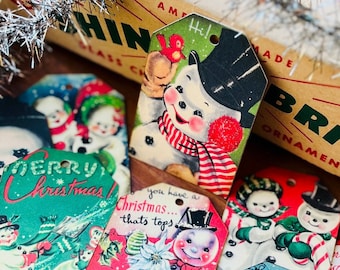 Vintage Christmas Gift Tags Retro Christmas Decor Snowman Kitsch Christmas Holiday Tags Christmas Kitschmas Handmade Vintage Ephemera