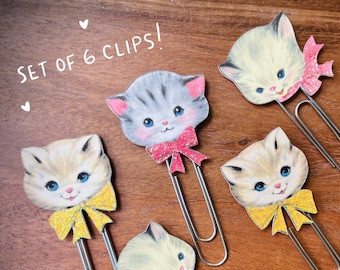 Cute Planner Clips Kitsch Planner Accessories Vintage Kittens Retro Cat Decor Travelers Notebook Clips Girly Paper Clips Cat Lover