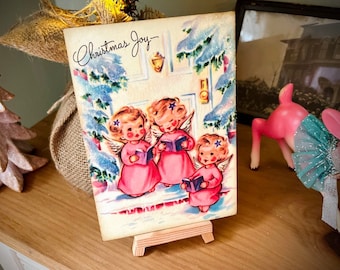 Handmade Kitsch Christmas Angels Plaque, Shabby Chic Winter Decor