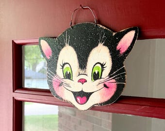 Handmade Vintage Halloween Door Hanger: Retro Black Cat Head