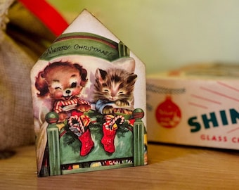 Vintage Christmas Decorations Dog and Cat in Bed Shelf Sitter Retro Christmas House Shaped Wood Sign Vintage Christmas Decor Kitschmas